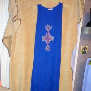 LADY'S WORLD MAXI DRESS SIZE XLARGE BLUE WITH EMBROIDERY SLIGHTLY USED VG COND